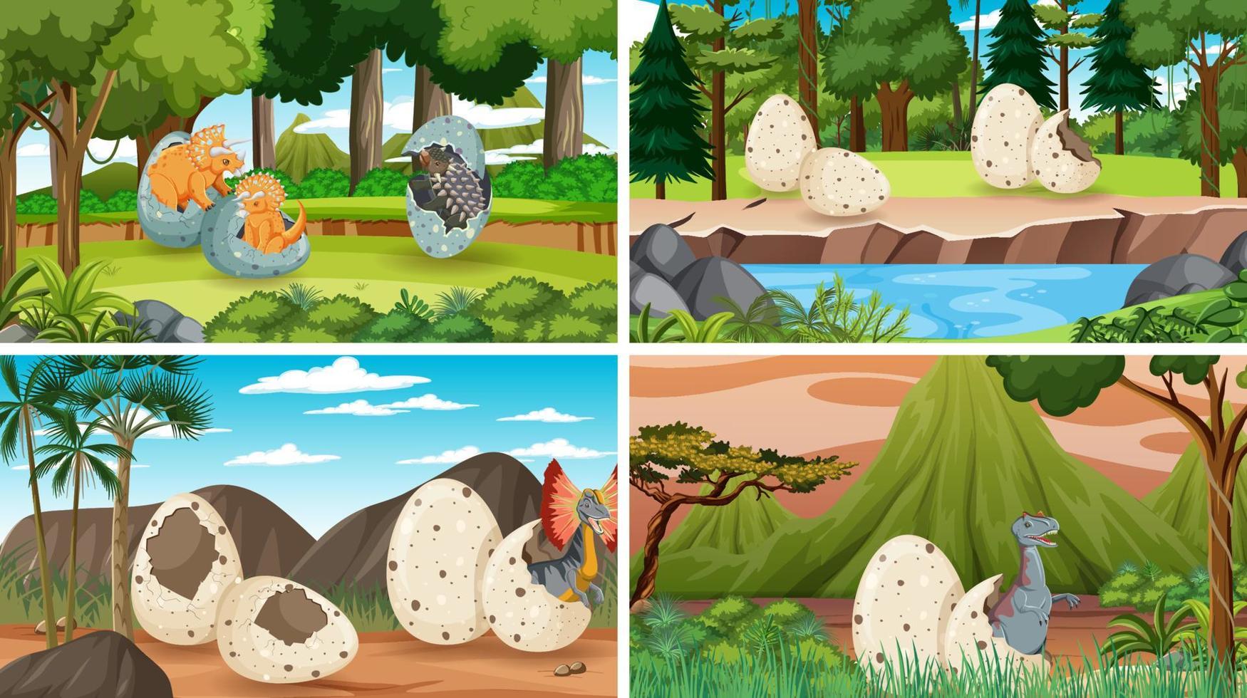 Different prehistoric forest scenes with dinosaur cartoon vector