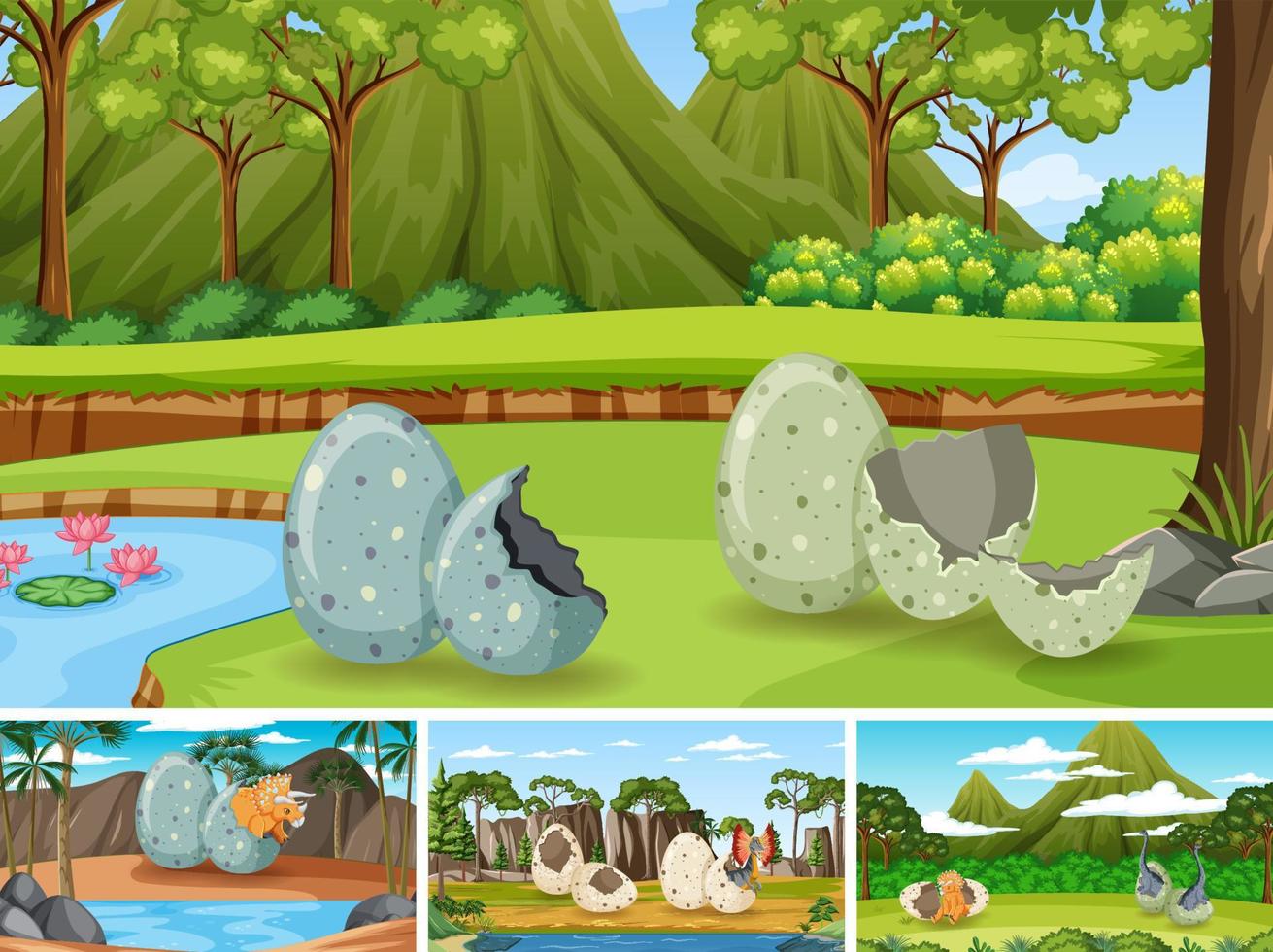Different prehistoric forest scenes with dinosaur cartoon vector