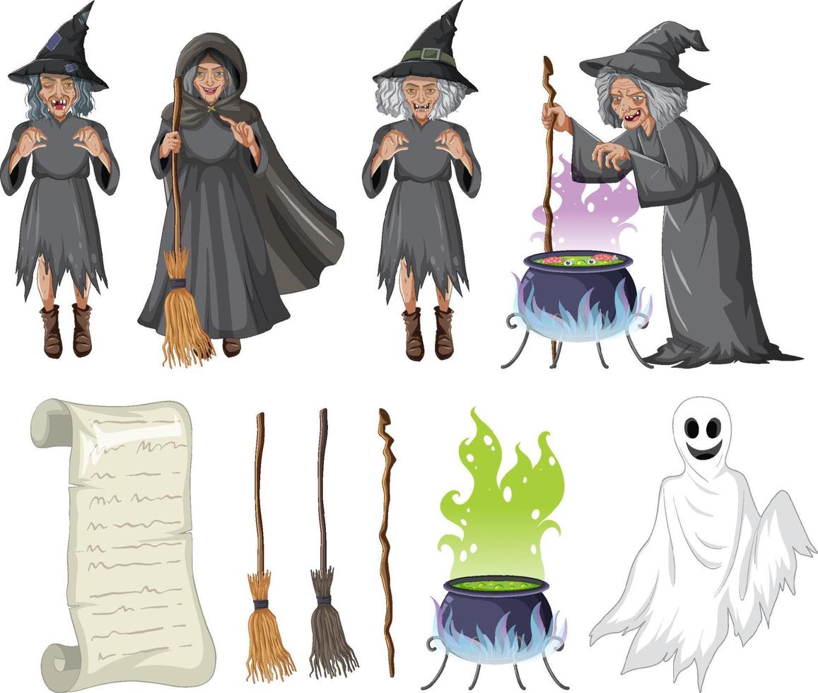 Set of witches and wizard objects vector