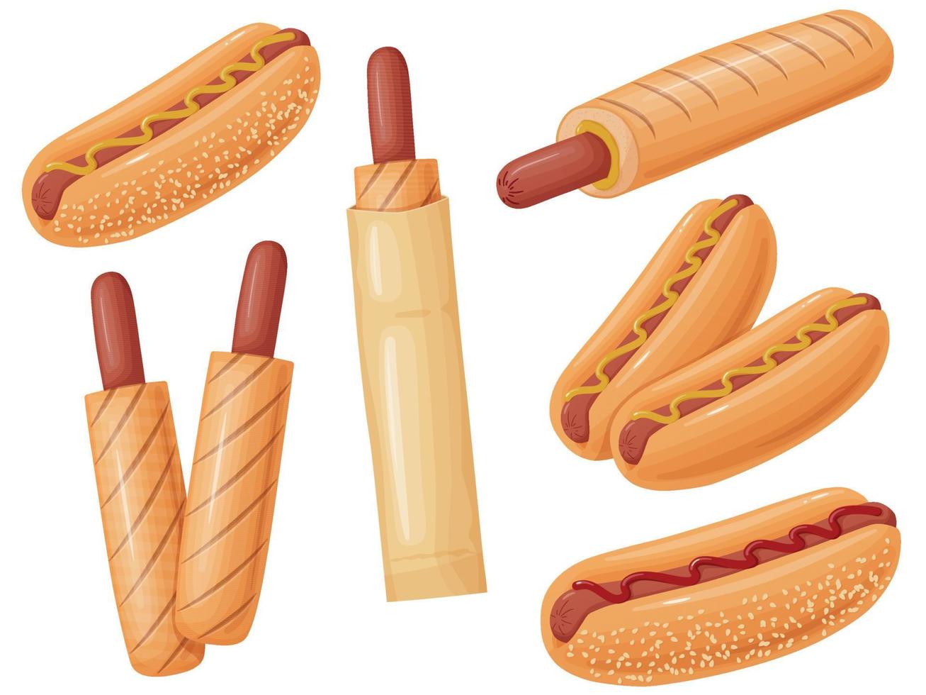 Hot Dog set. Illustration fast food in cartoon style. Sausage in a bun with mustard. vector