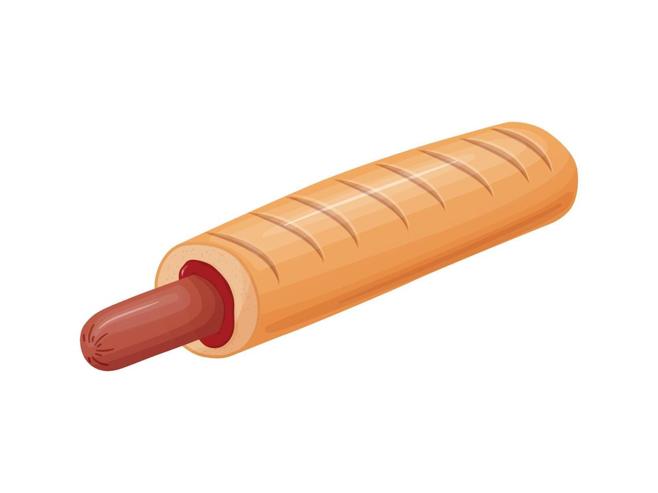 French Hot Dog. Illustration fast food in cartoon style. Sausage in a bun with ketchup. vector