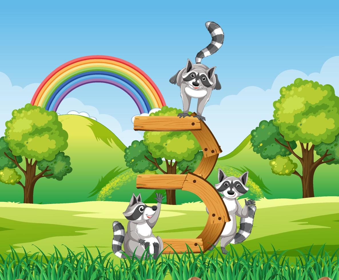 Three raccoons attached to number three vector