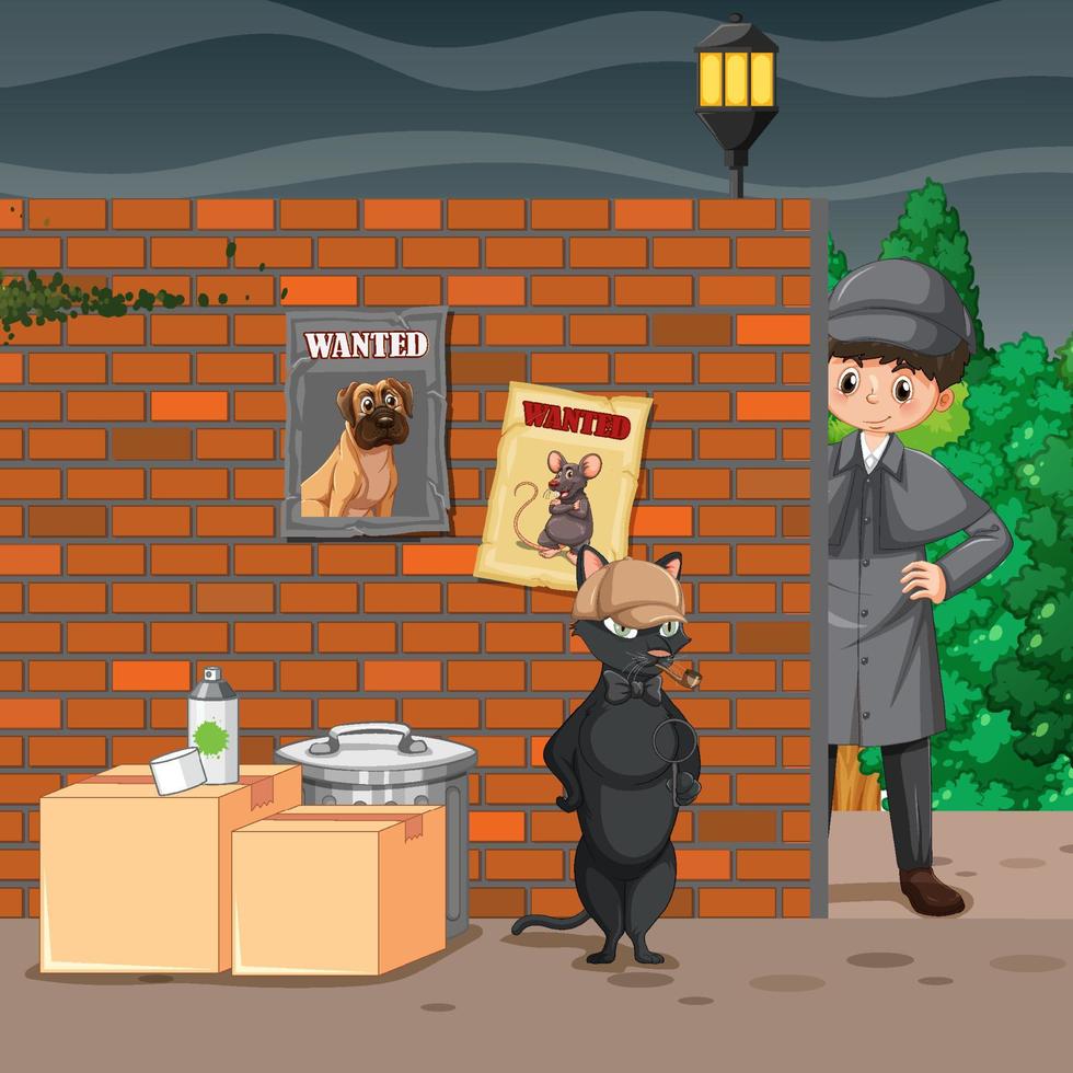 Detective looking for clues with magnifying glass in scene vector