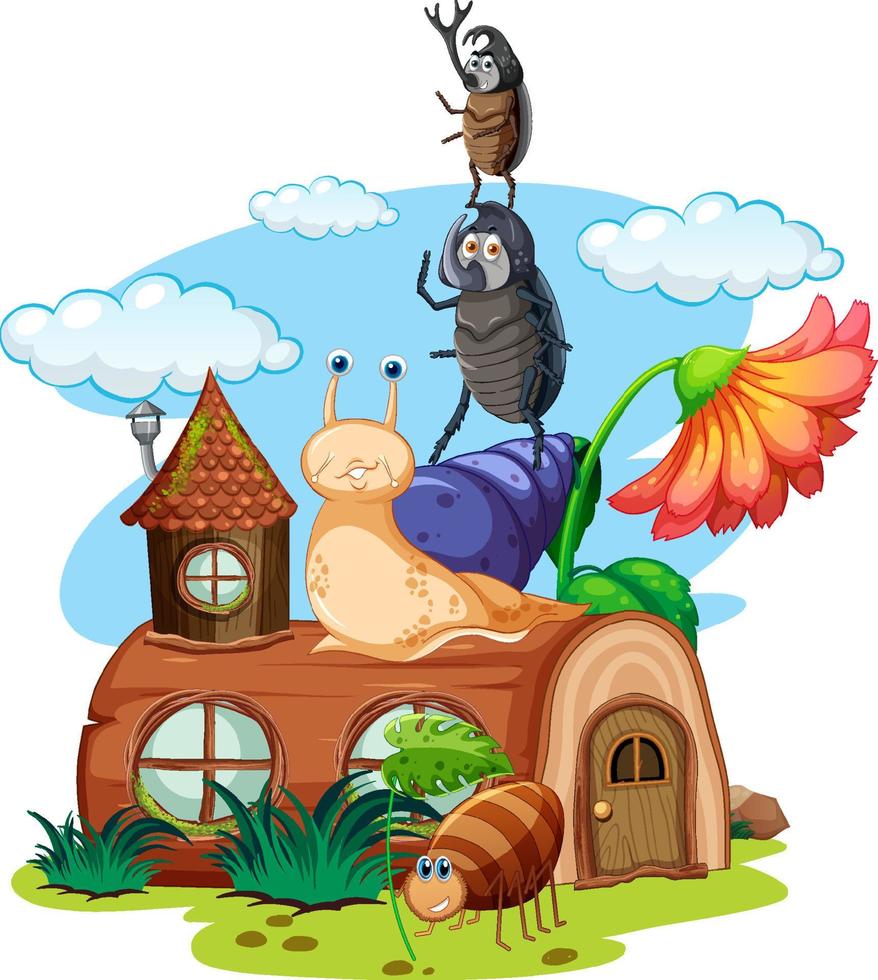 casa de tocón de fantasía con caracol e insecto vector