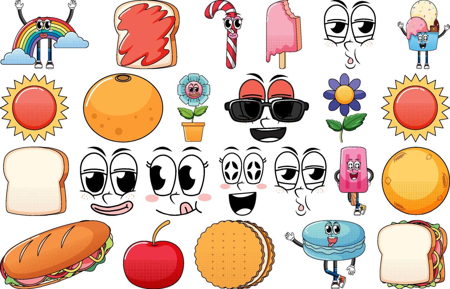 Set of facial expression with vintage style food cartoon on white background vector