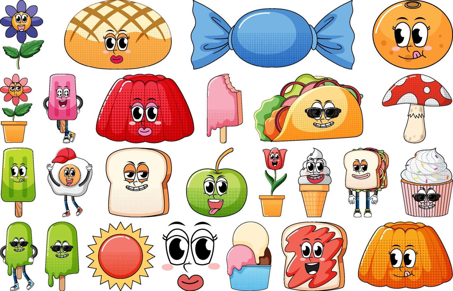 Set of facial expression with vintage style food cartoon on white background vector