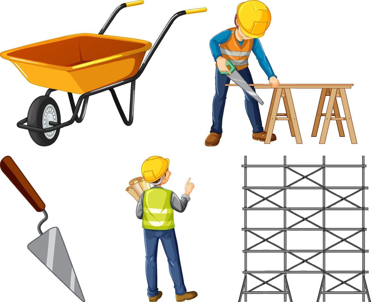 Construction worker set with man and tools vector