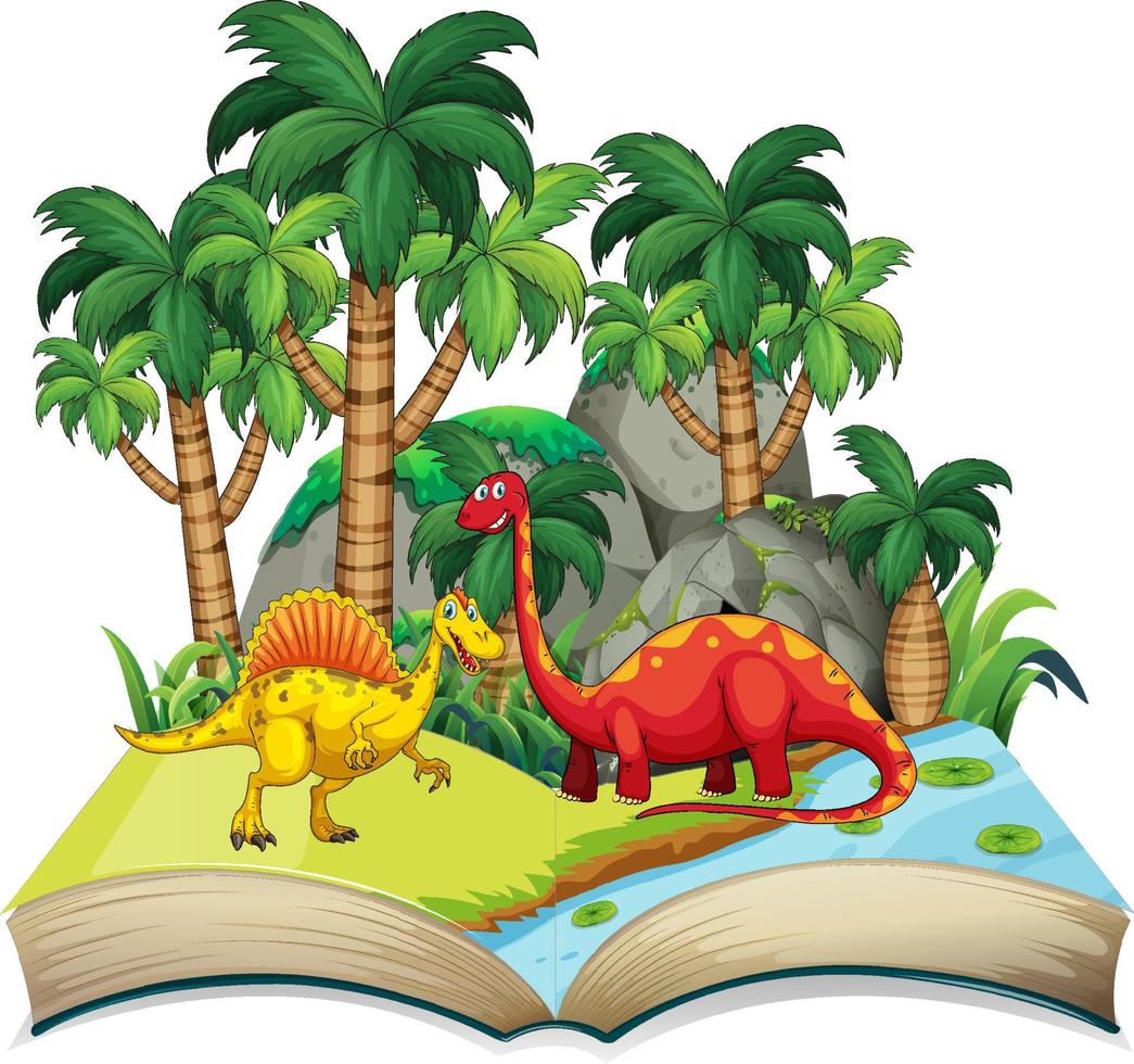 Opened book with various dinosaurs cartoon vector