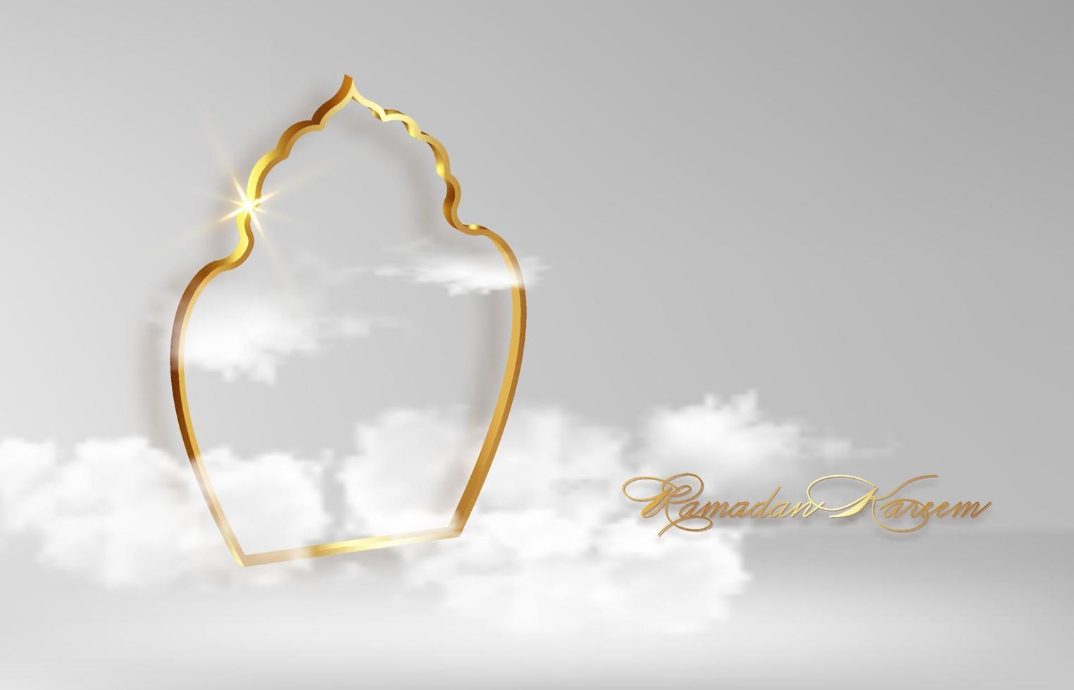 gold arabic window Islamic symbol Ramadan Kareem in the sky concept for Muslim community festival. Banner template vector illustration on white sky background