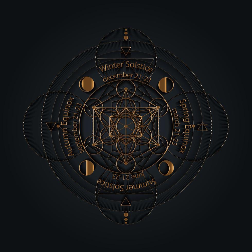 solstice and equinox circle stylized as linear geometrical design with gold thin lines on black background with dates and names, four elements, Air, fire, water, earth symbol. Vector illustration