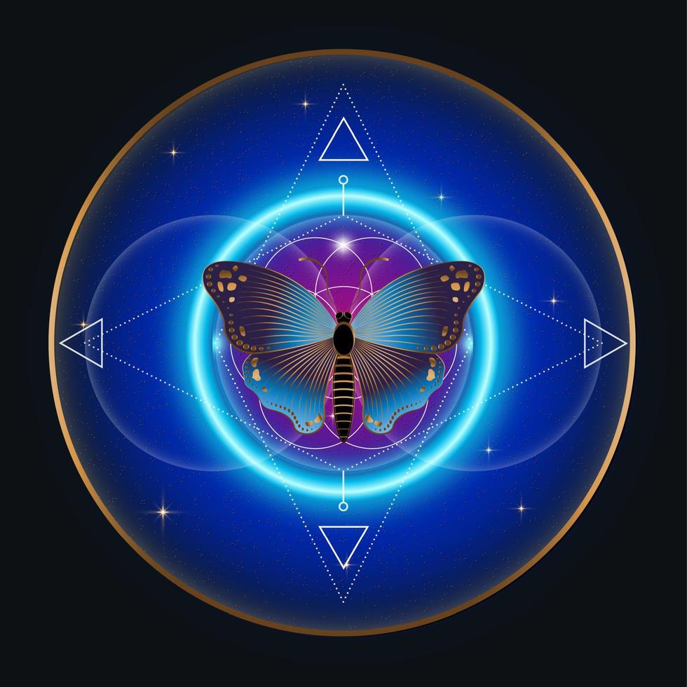 mariposa sobre mandala, geometría sagrada, símbolo de logotipo de armonía y equilibrio, neón psicodélico brillante. ornamento geométrico colorido, relajación de yoga, espiritualidad, fondo azul estrellado vectorial vector