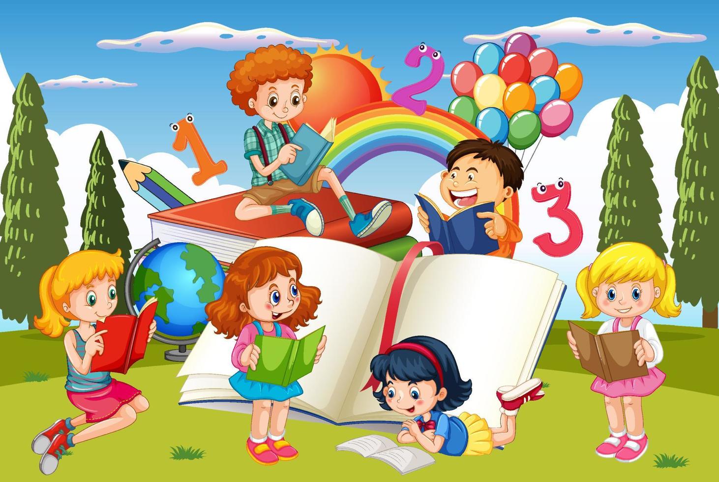 A children are reading books on a stack of books in garden scene vector