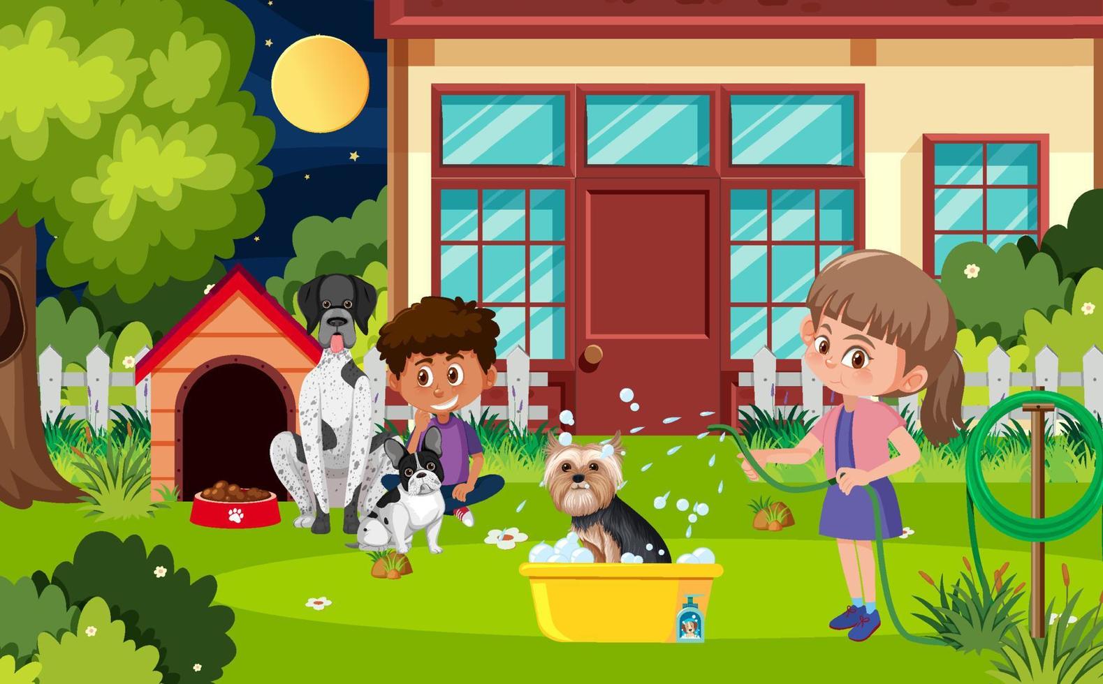 Outdoor scene with children washing their dogs vector