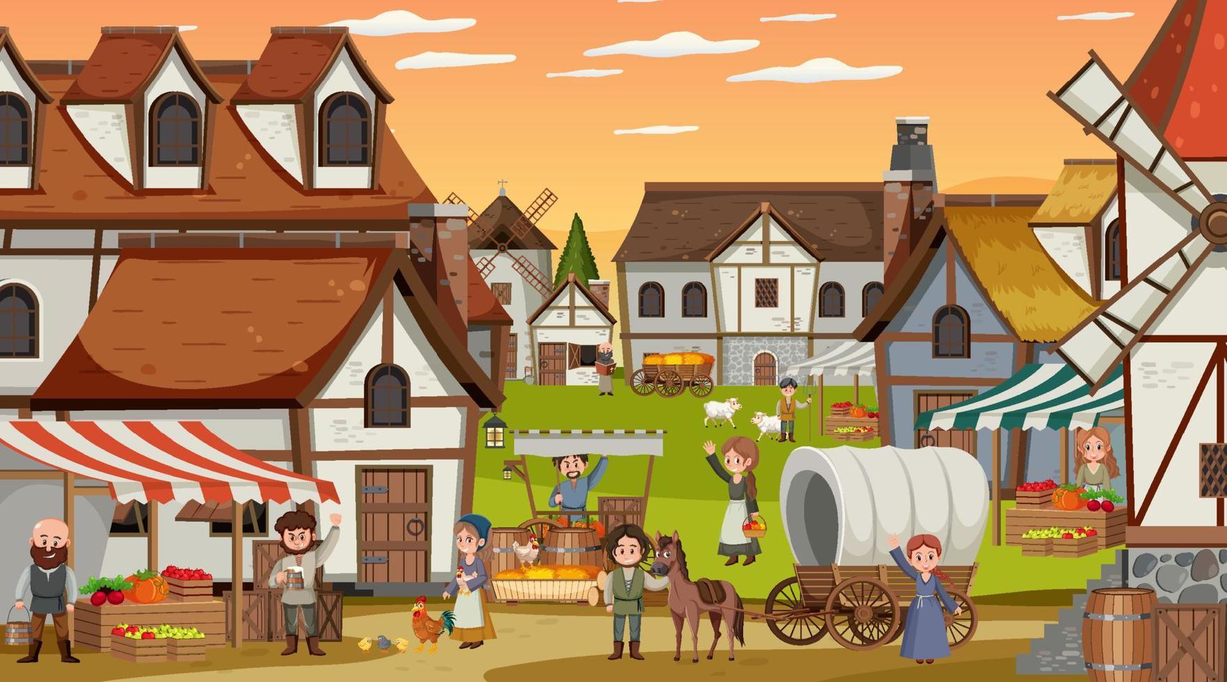 Medieval town scene with villagers vector