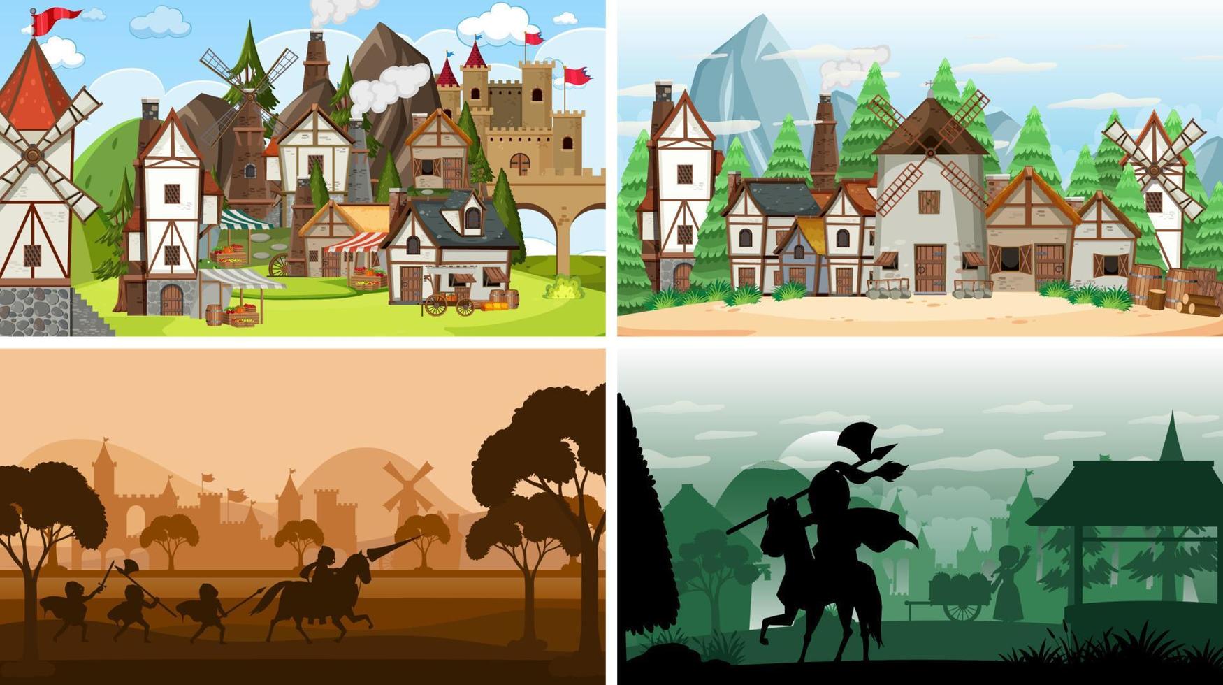 Set of different scene medieval with silhouette vector