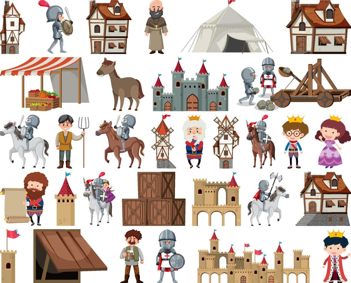 Medieval characters buildings set vector