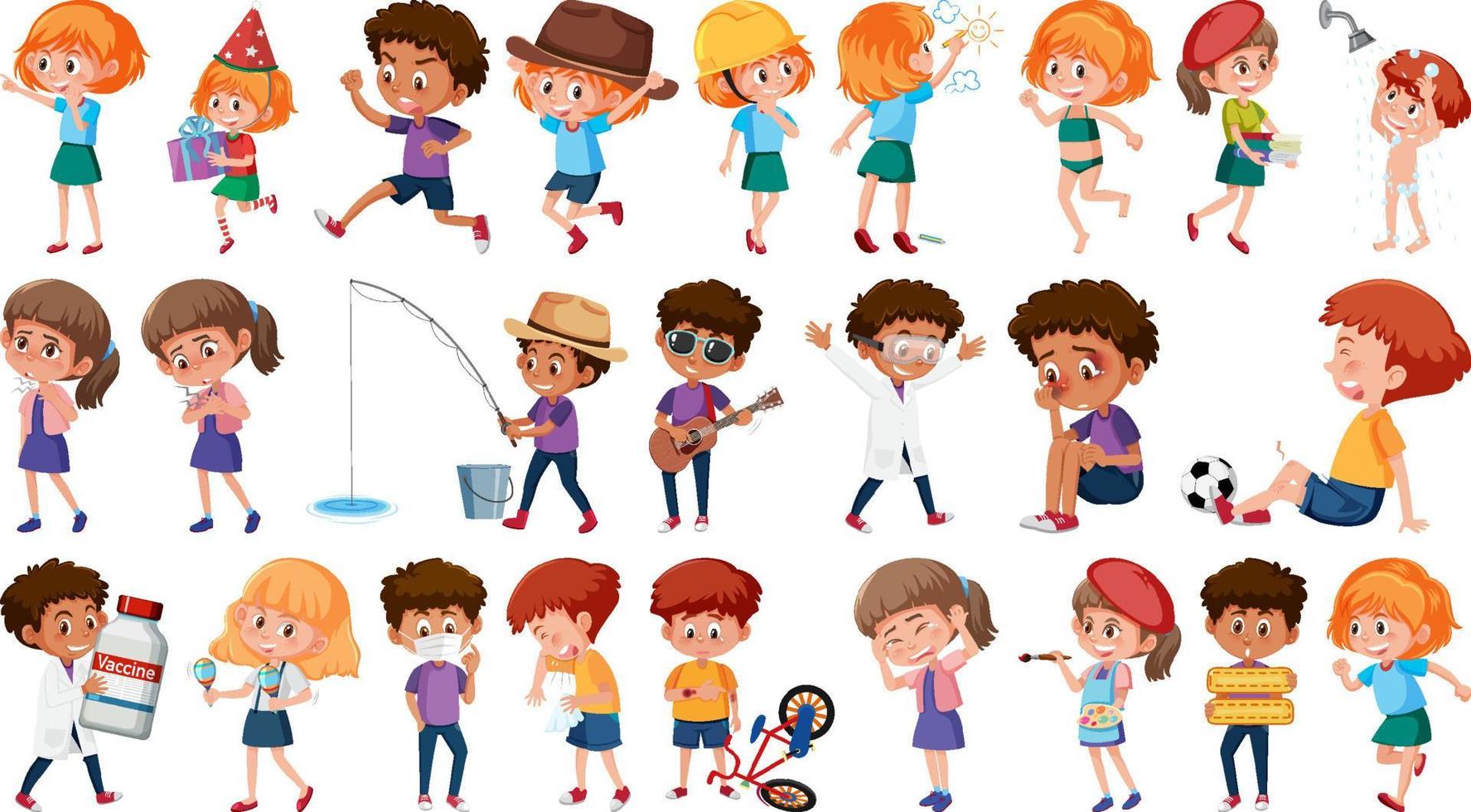 Set of children doing different activities on white background vector