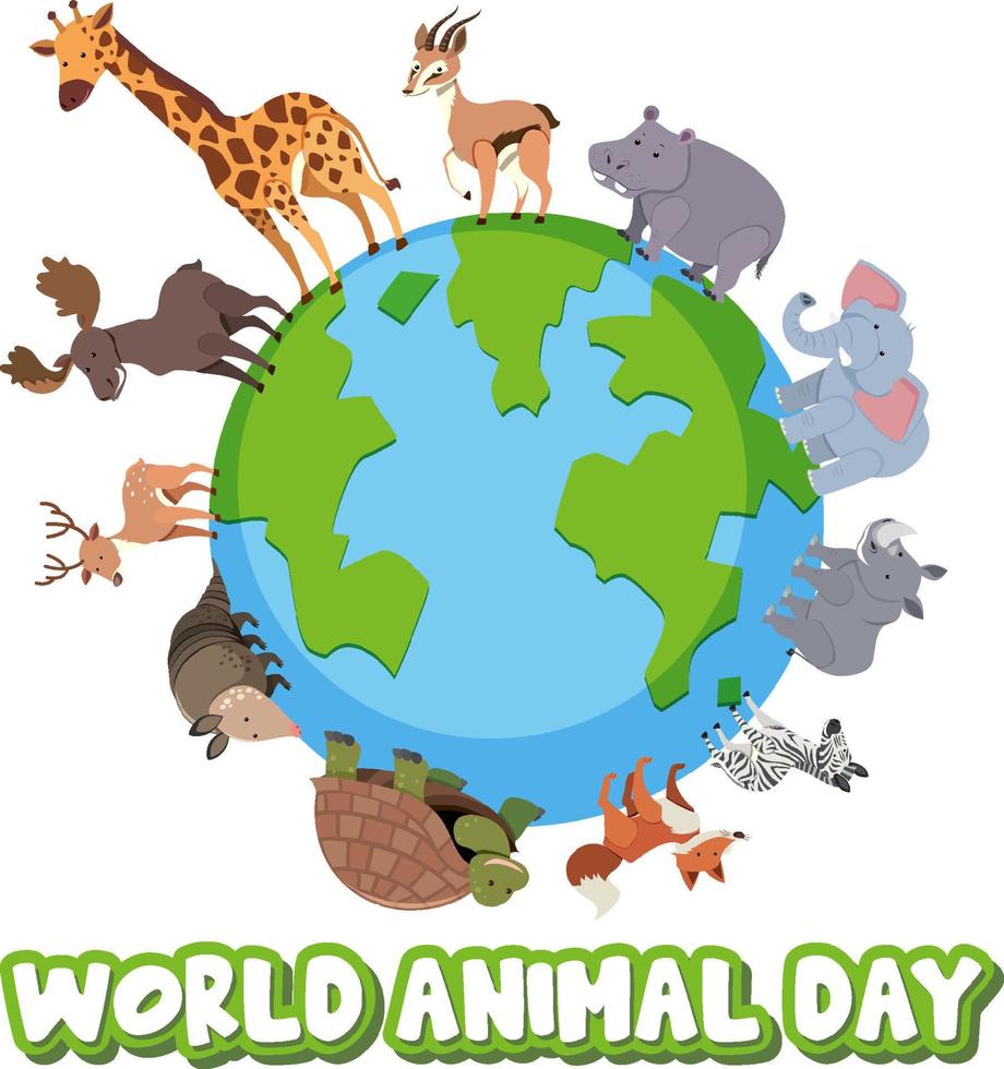 World Animal Day banner with wild animals standing on earth vector