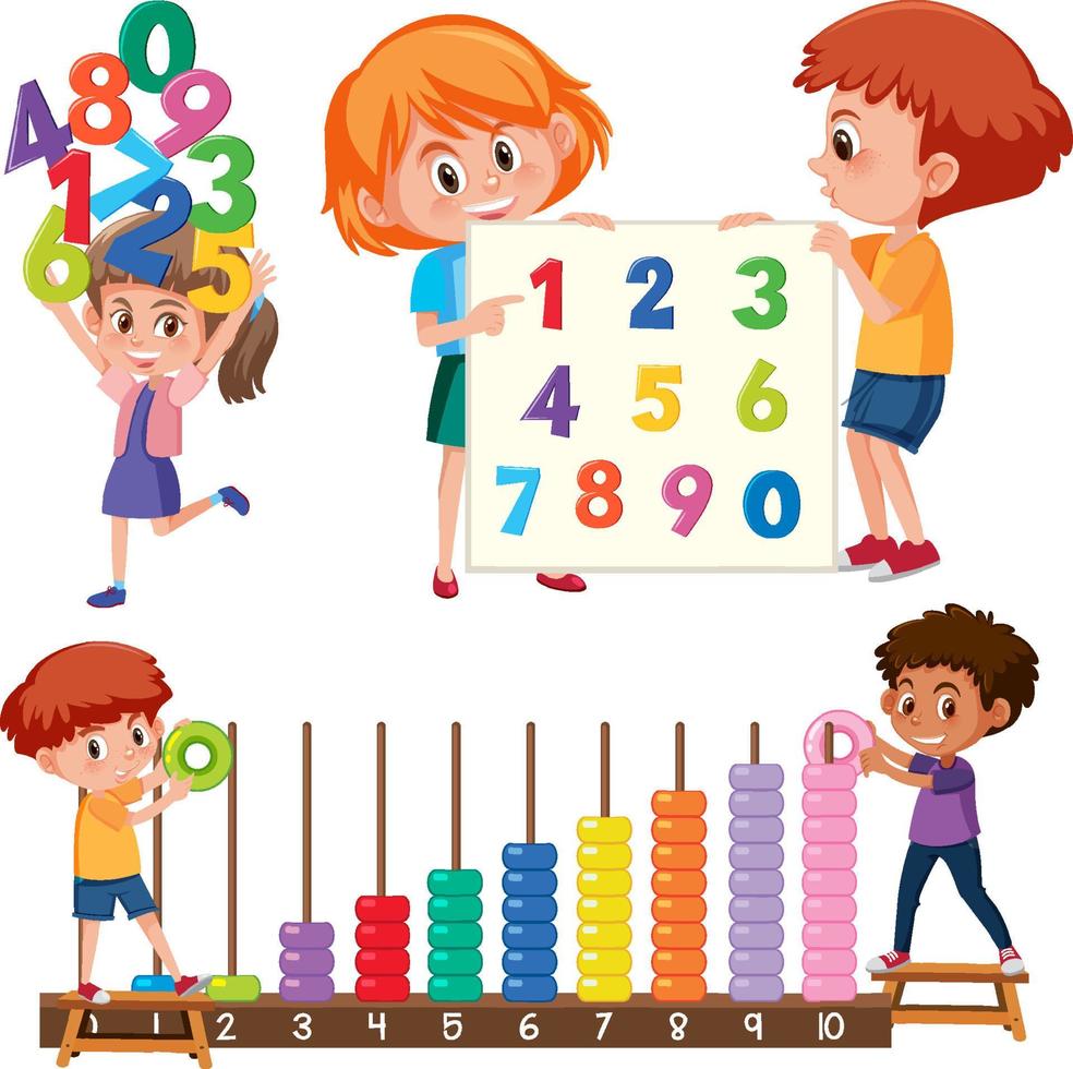 Math classroom objects with supplies and students vector