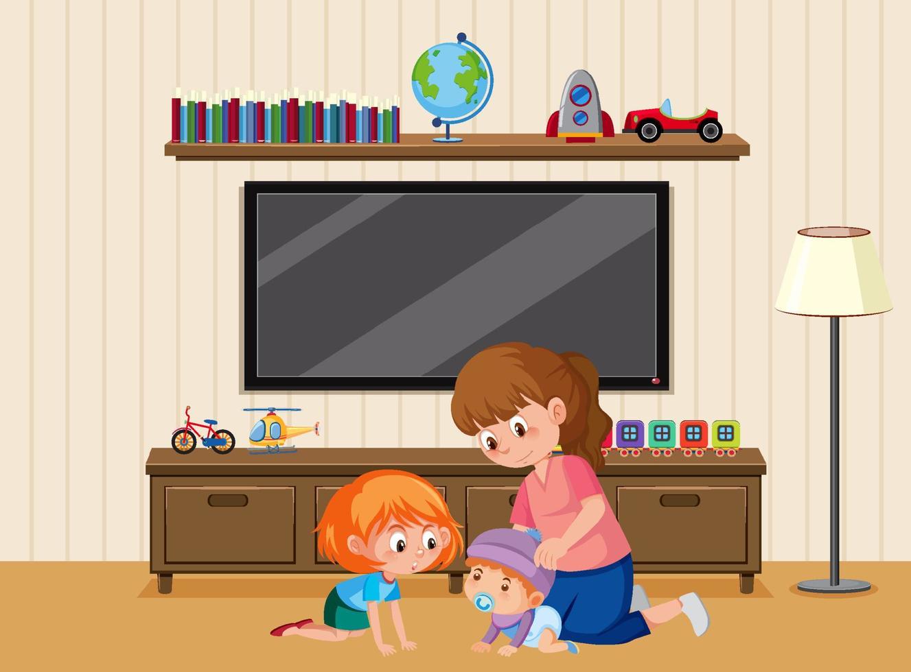 escena de la sala de estar con el personaje de dibujos animados de los niños vector