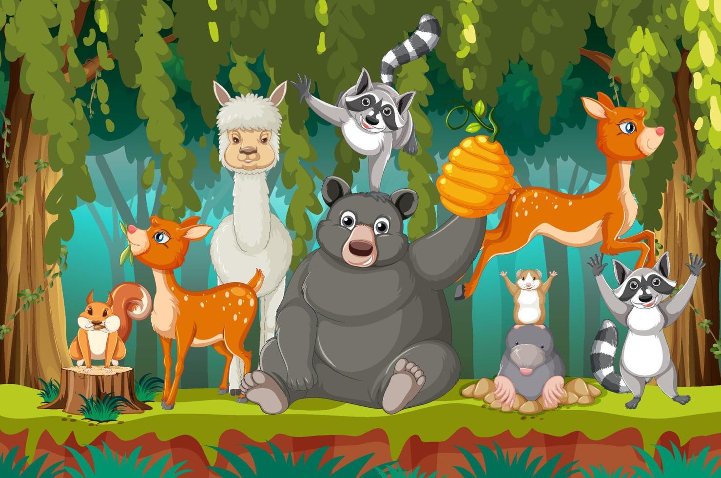 Nature scene with many trees and animals vector