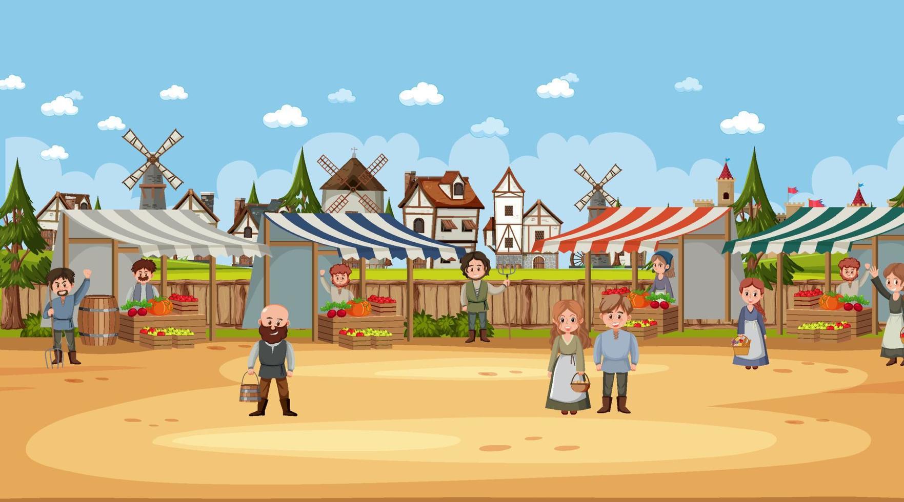 Medieval town scene in cartoon style vector