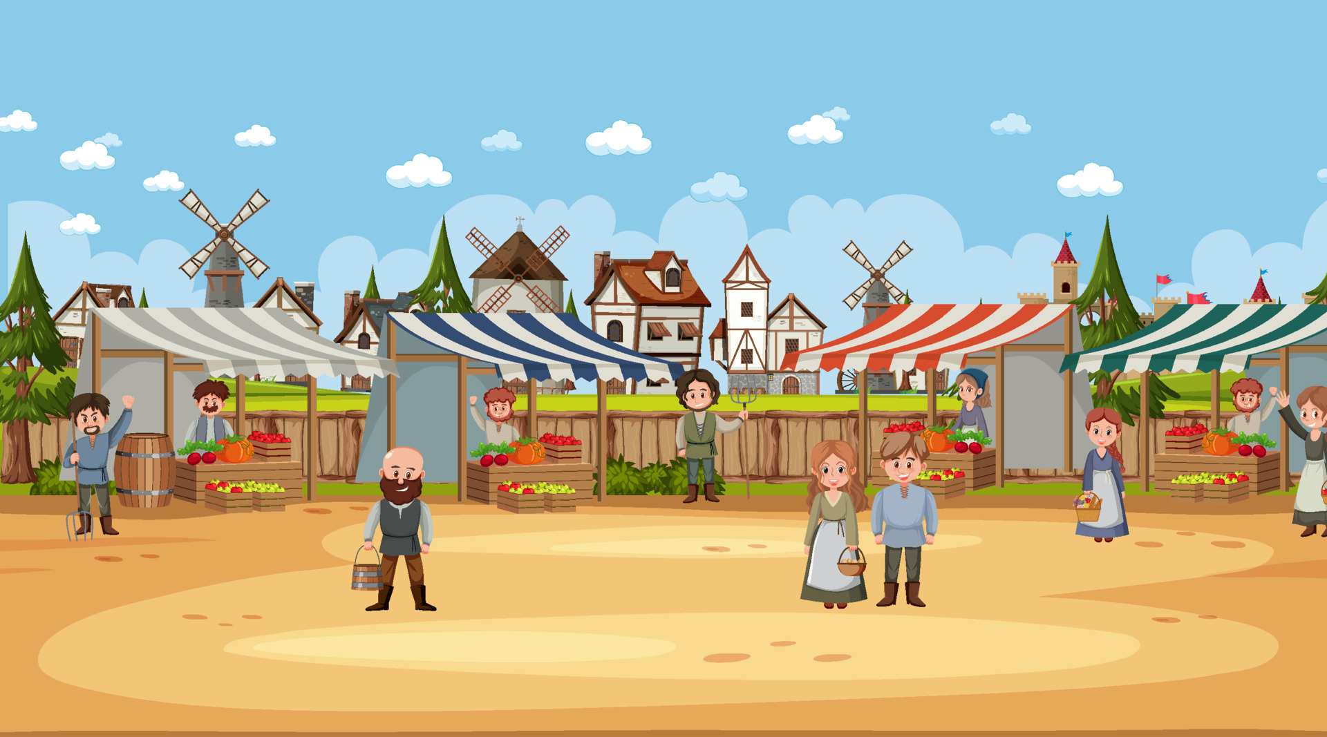 Medieval town scene in cartoon style 6892520 Vector Art at Vecteezy