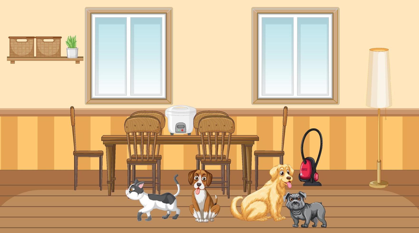 Set of different domestic animals in kitchen vector