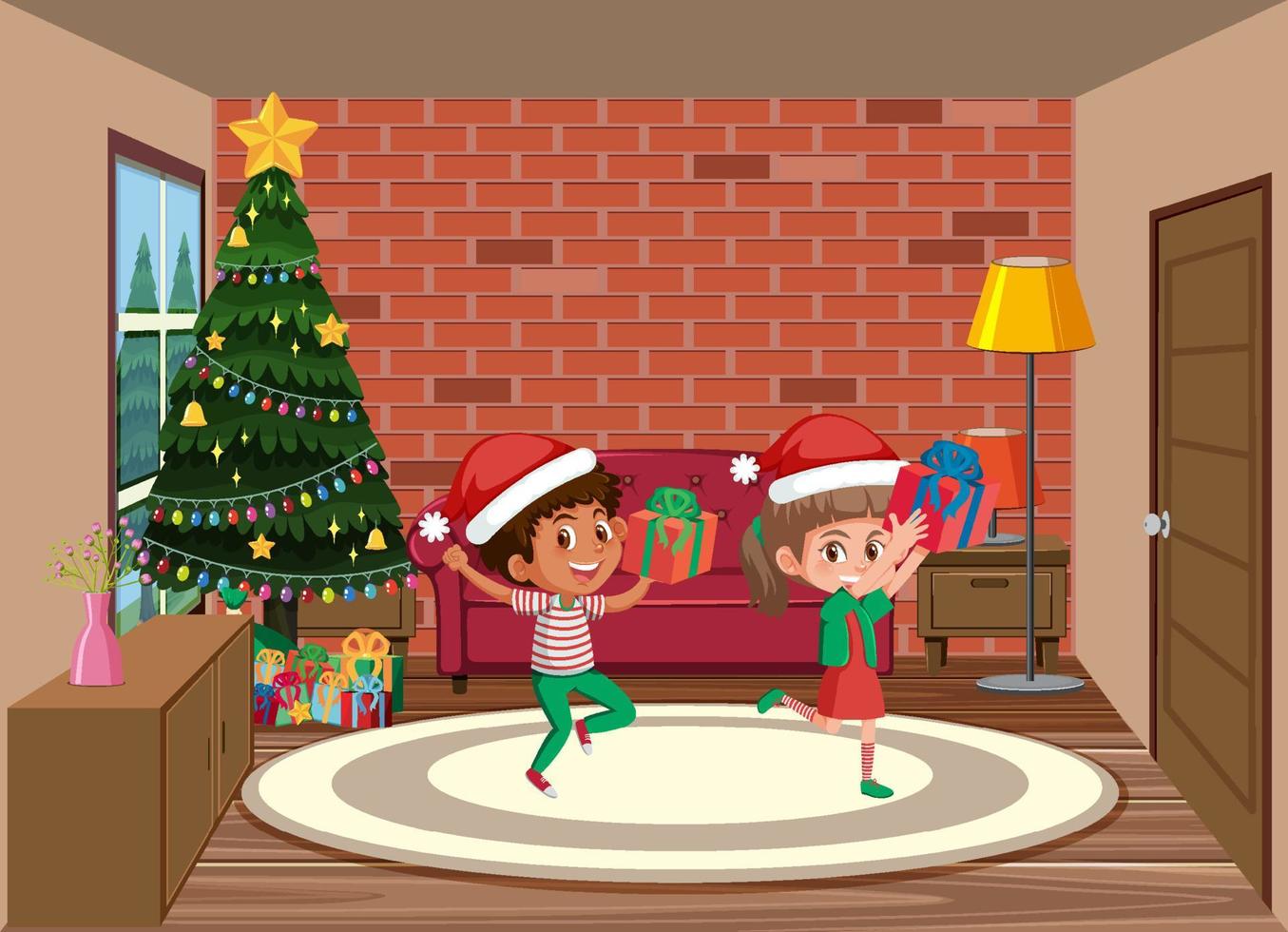 Children celebrating Christmas at home vector