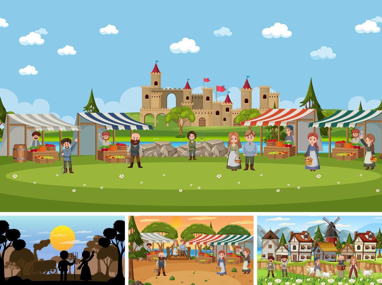 Set of different scene medieval with silhouette vector