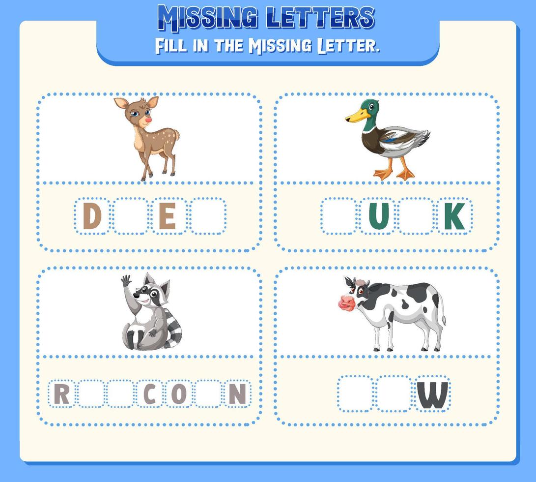 Fill the missing letter of each word worksheet for children vector