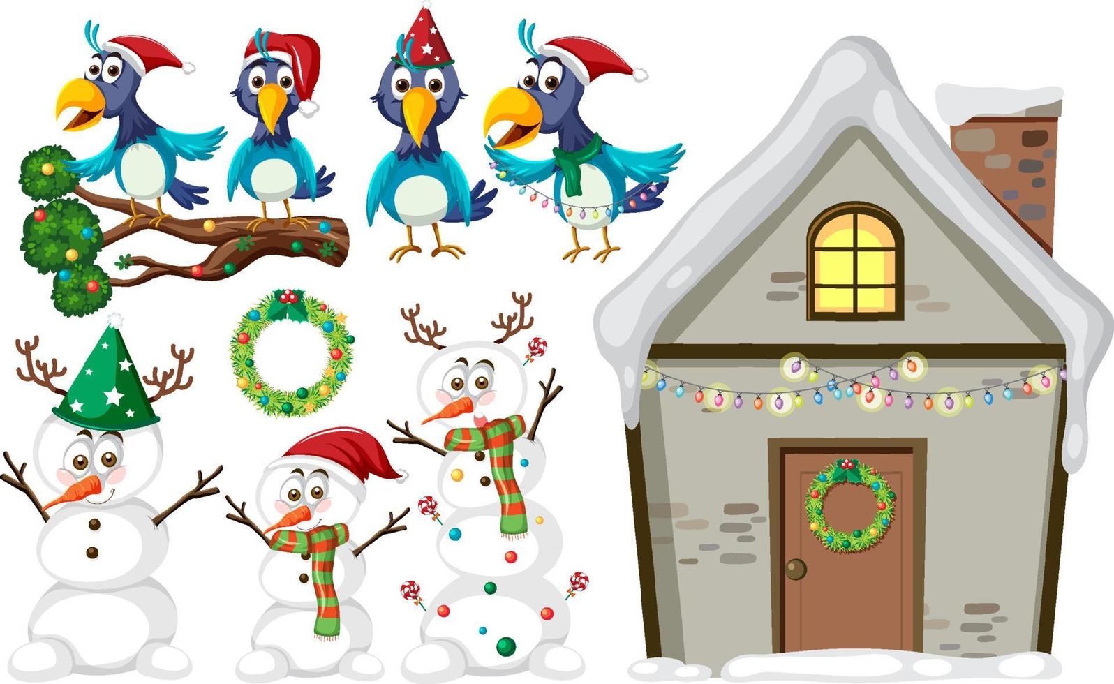 Christmas set with house and snowman vector