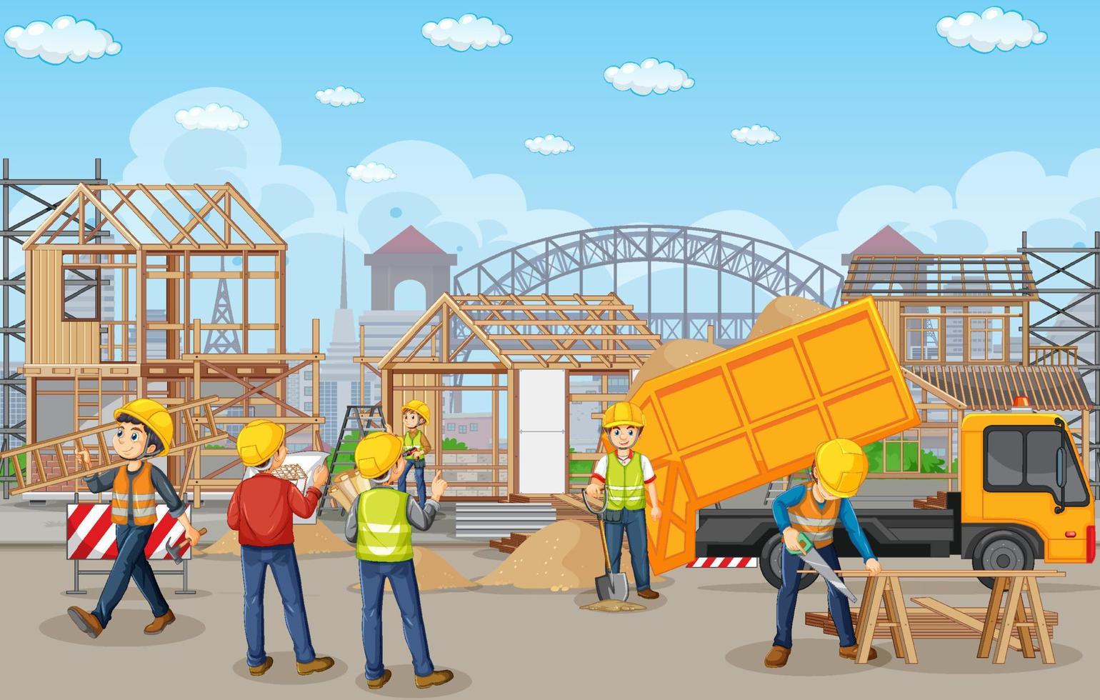 Building construction site with workers vector