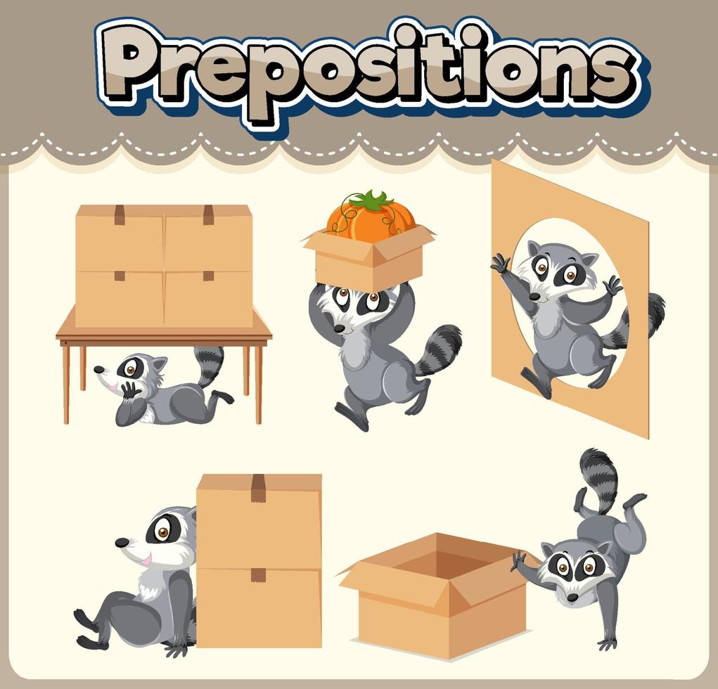 wordcard de preposición con mapache y caja vector