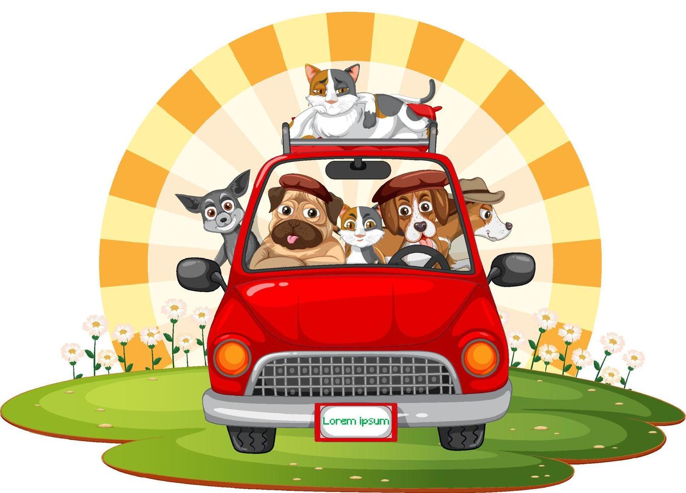 Road trip concept with domestic animals in a car vector