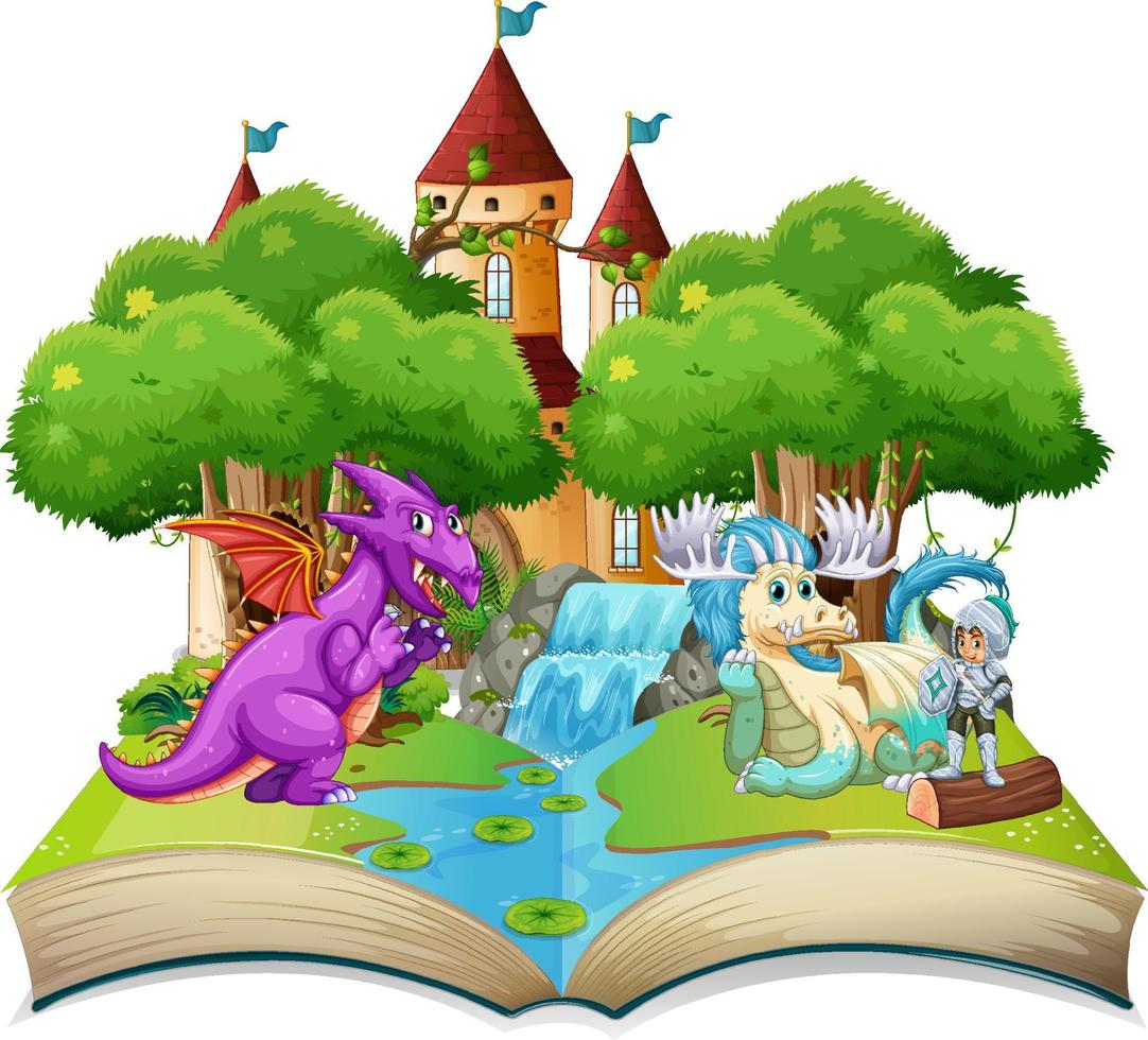 Book with scene of dragons and knight by castle vector