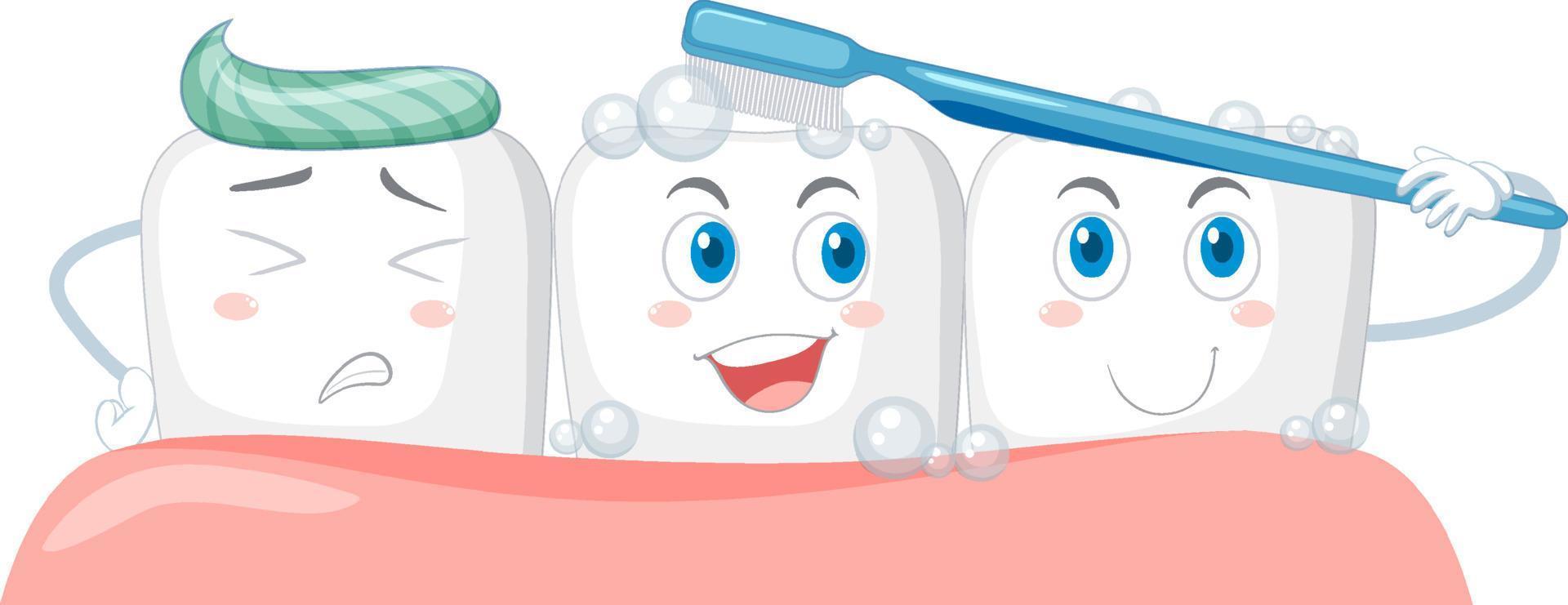 Happy teeth brushing itself with a toothpaste on white background vector