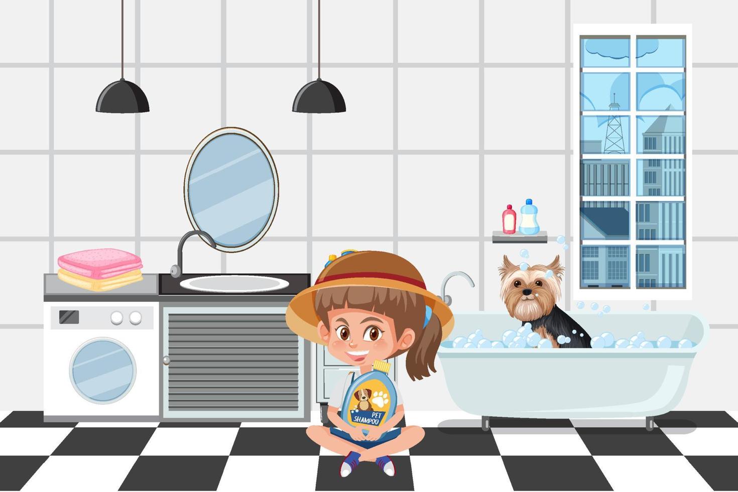 Happy girl with her dog in bathtub vector
