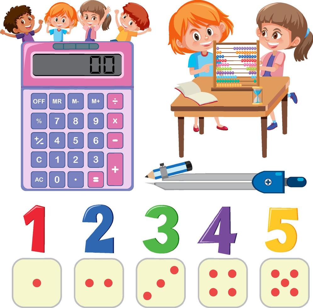 Math classroom objects with supplies and students vector