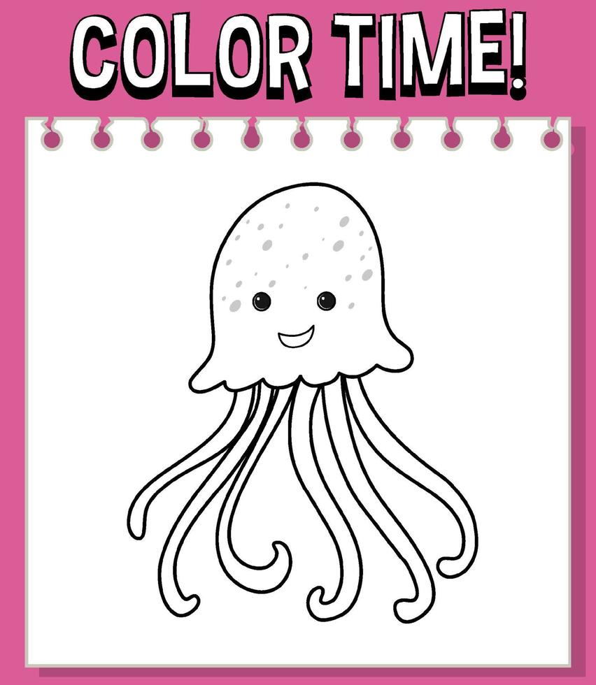 Worksheets template with color time text and jellyfish outline vector