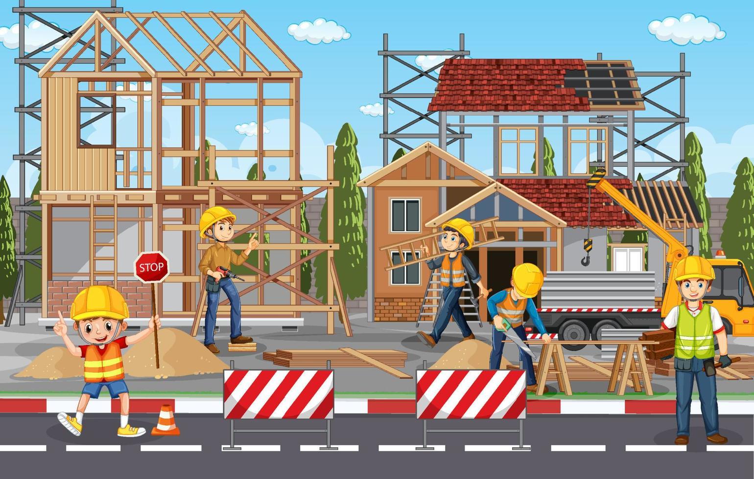 Building construction site with workers vector
