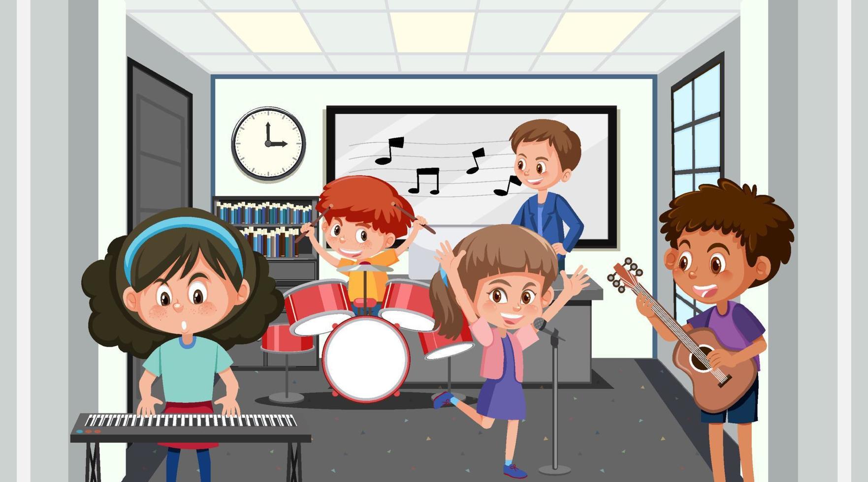 School music classroom with student kids vector