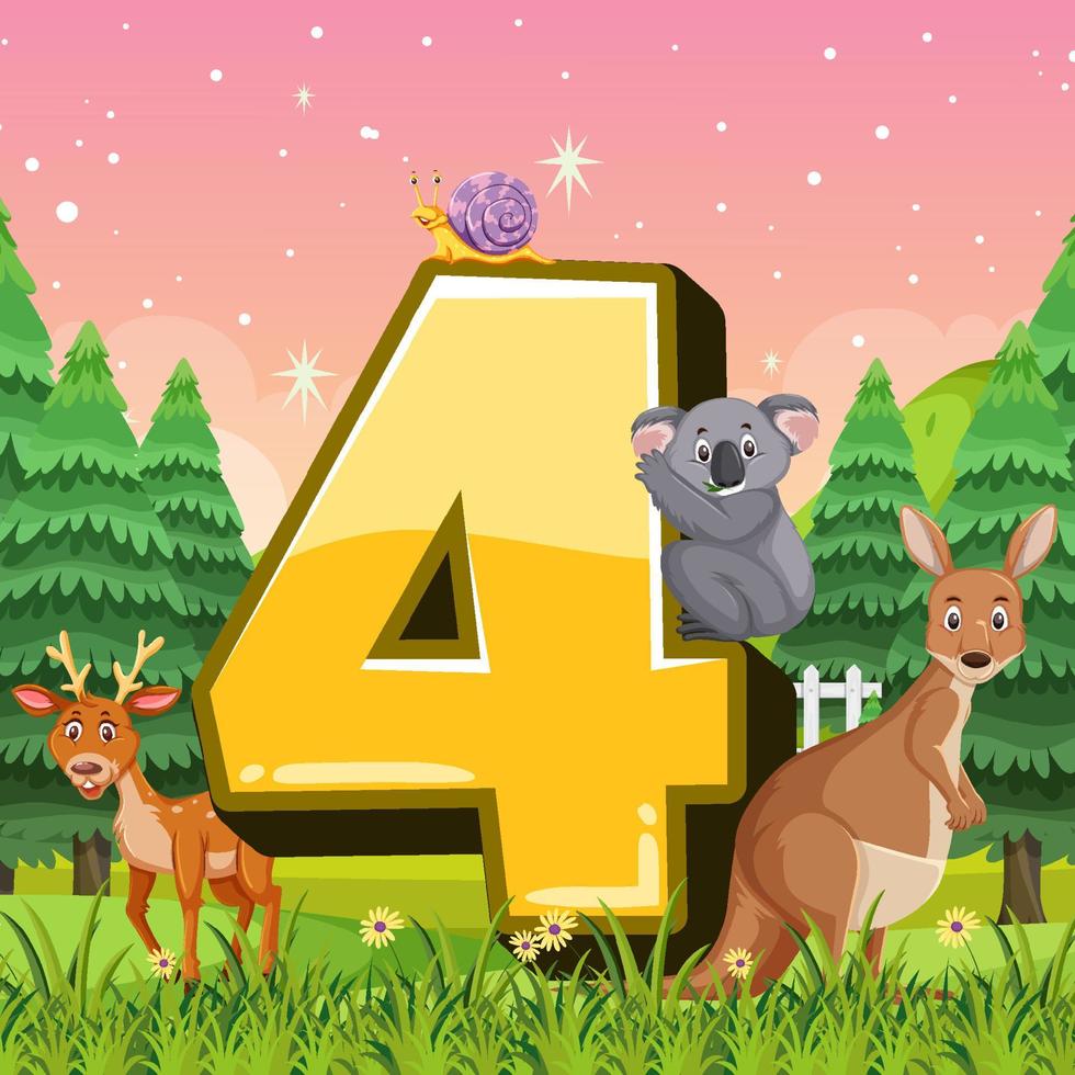 Different four animals attached to number four vector