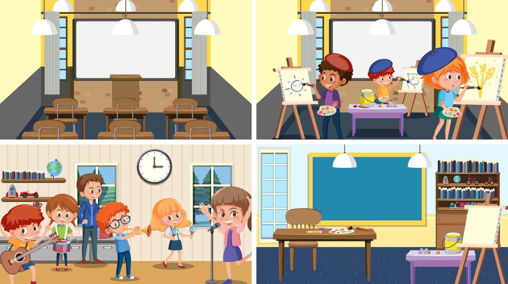 Set of student in the classroom scene vector