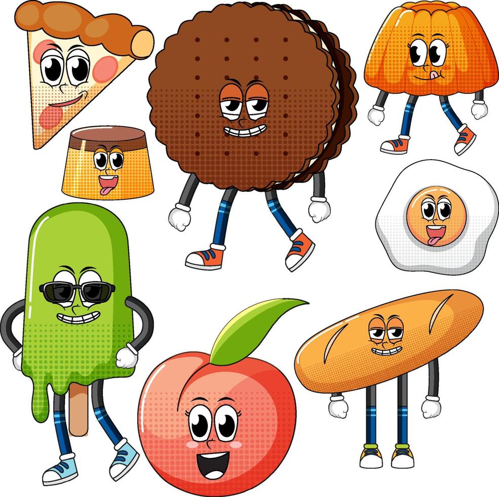 Set of facial expression with vintage style food cartoon on white background vector