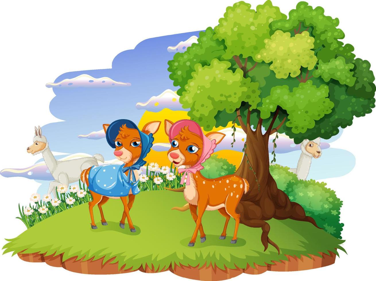 Isolated forest scene with deers in cartoon style vector