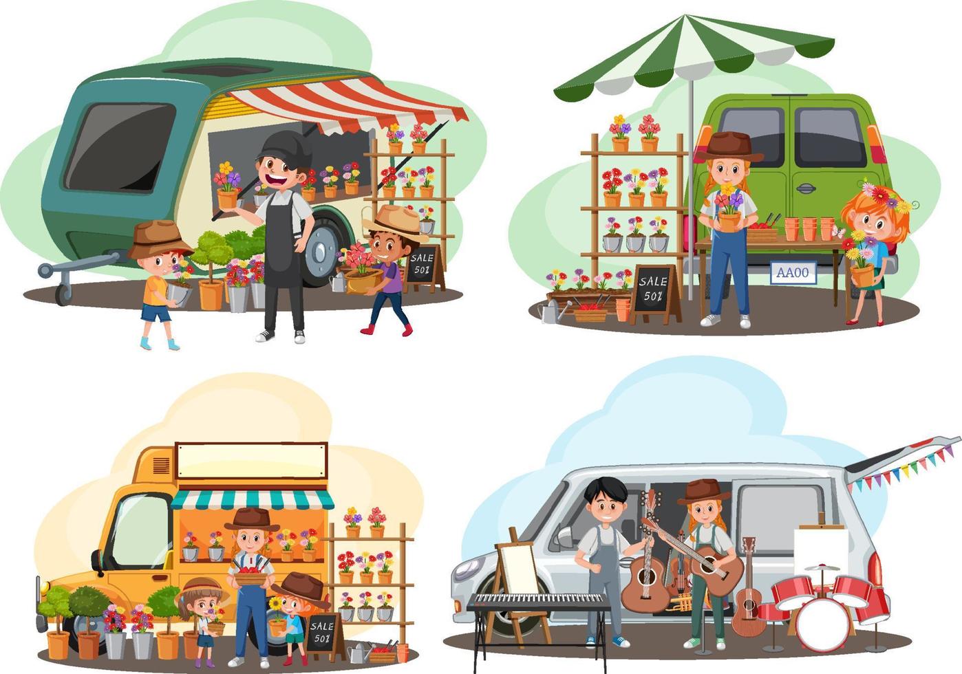 Flea market concept with set of different car boot sales vector