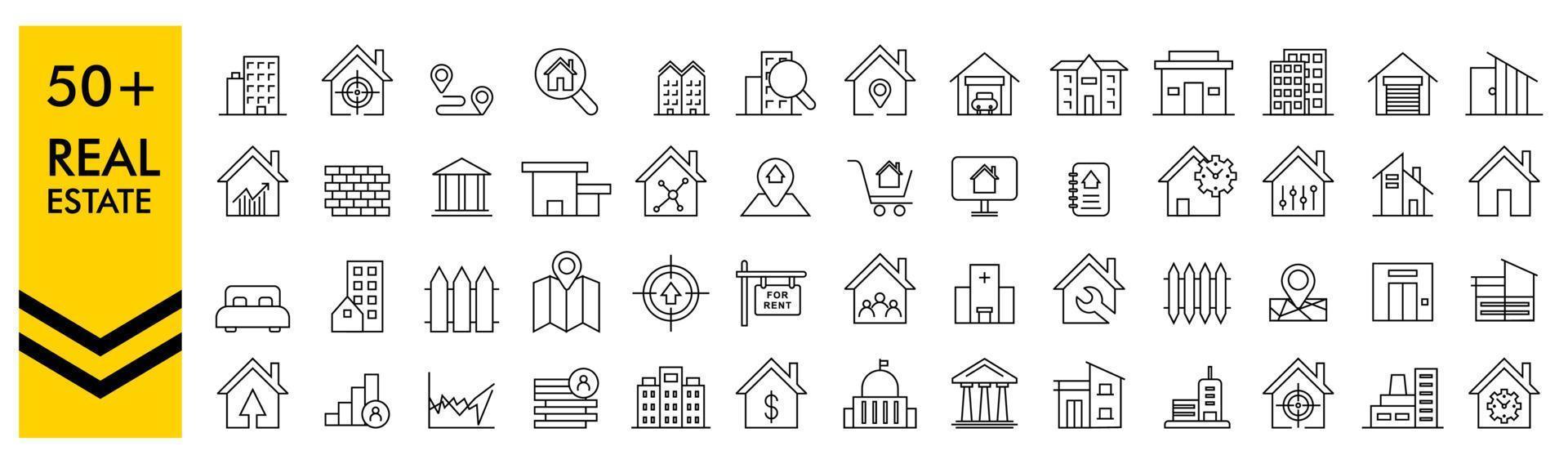 conjunto de iconos de bienes raíces. icono de inicio. iconos de la casa. ilustración vectorial, conjunto de iconos web mínimo inmobiliario. incluía los íconos como bienes raíces, propiedades, hipotecas, préstamos hipotecarios y más. colección de iconos vector