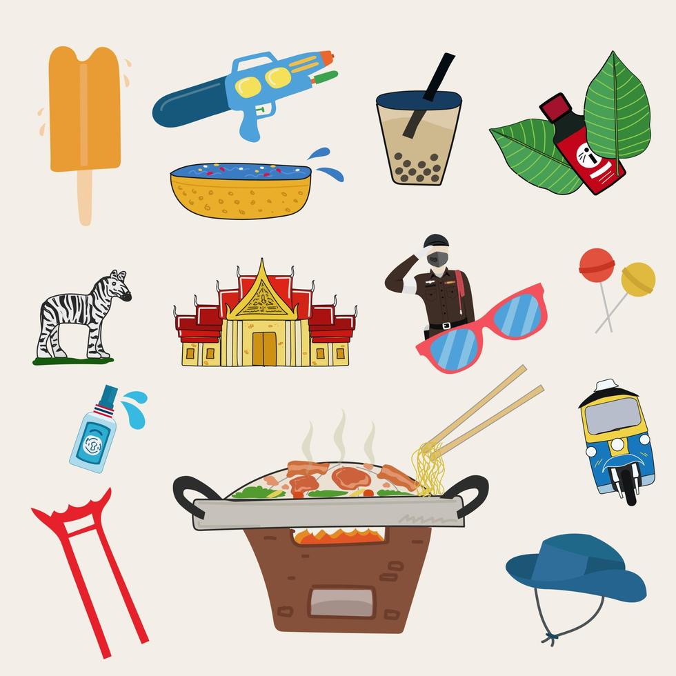 Thailand and traditional with street food, transportation, landmarks and holidays. Vector illustration