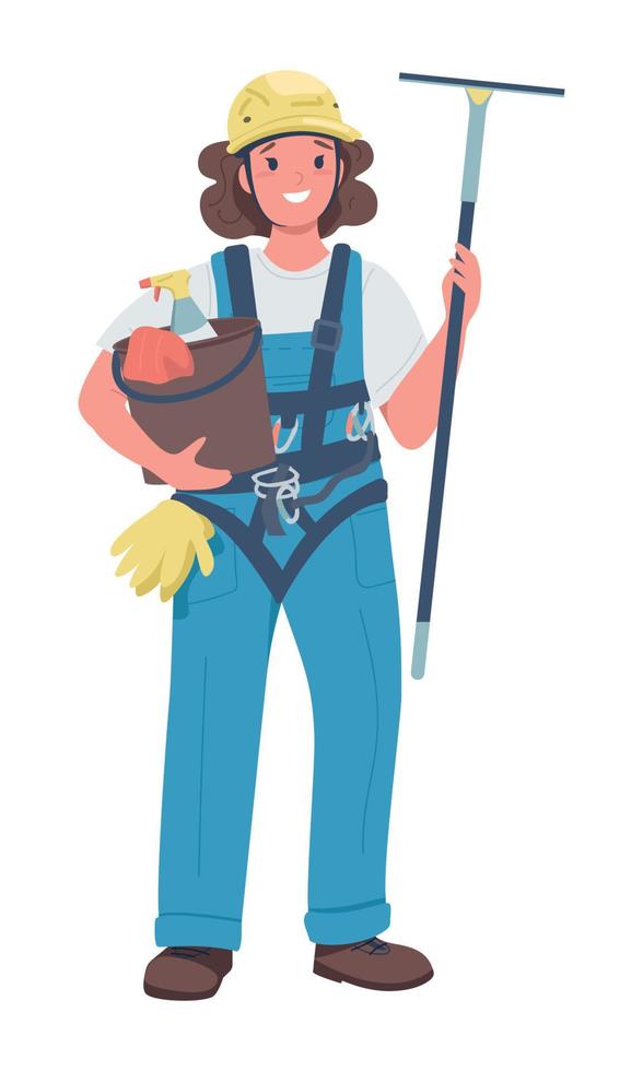 Female window cleaner semi flat color vector character